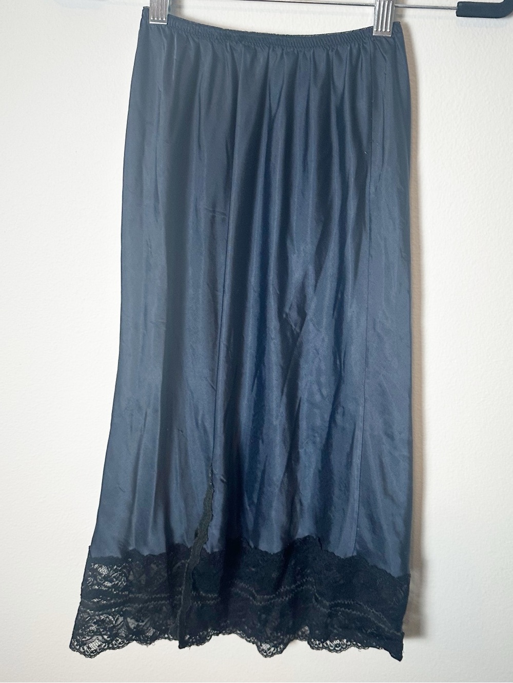 Christian Dior Vintage Satin Midi Slip Skirt Black Lace Embroidered Logo Small